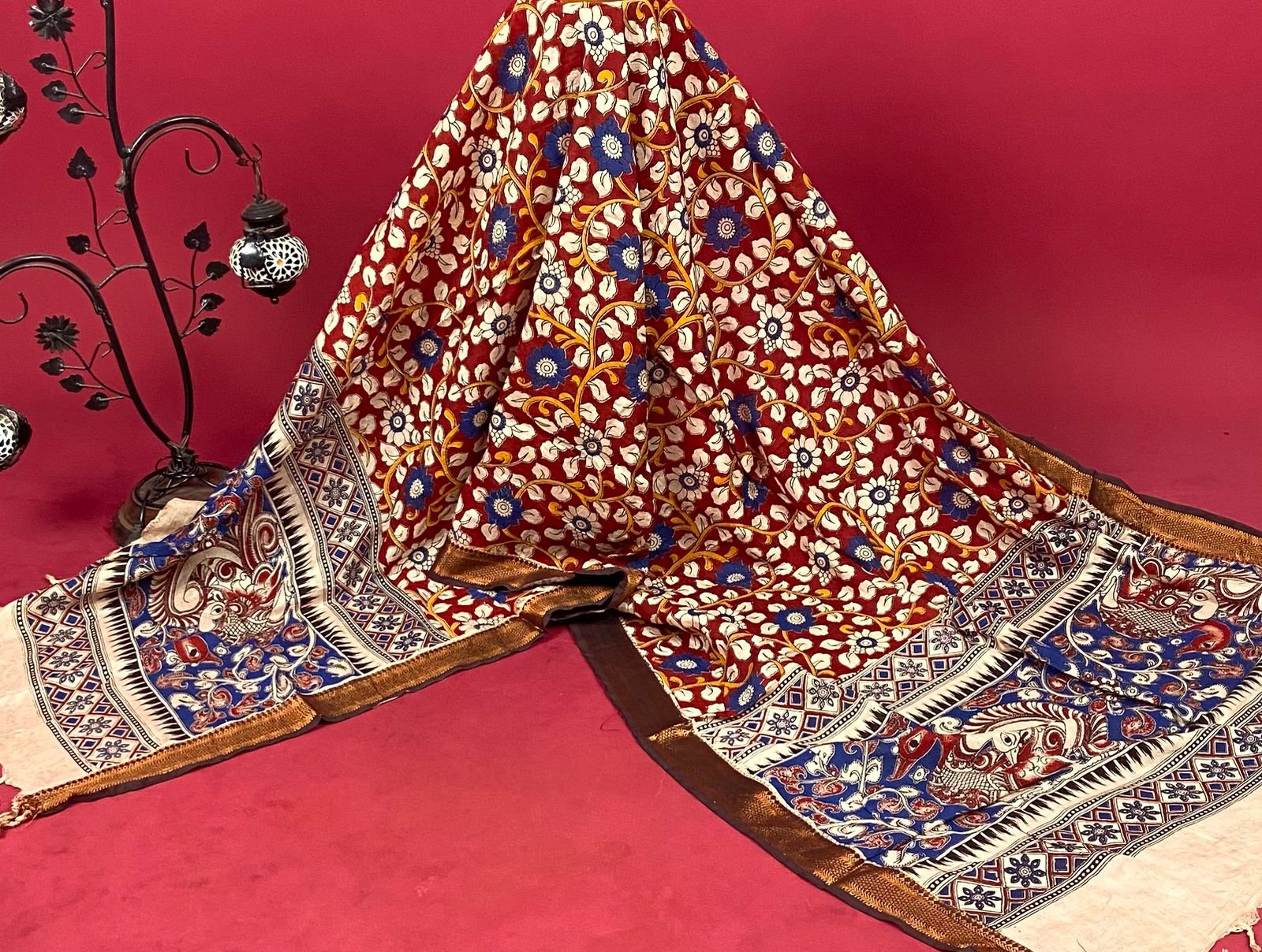 Chennuri Kalamkari Silk Duppata with Black Nizam Border