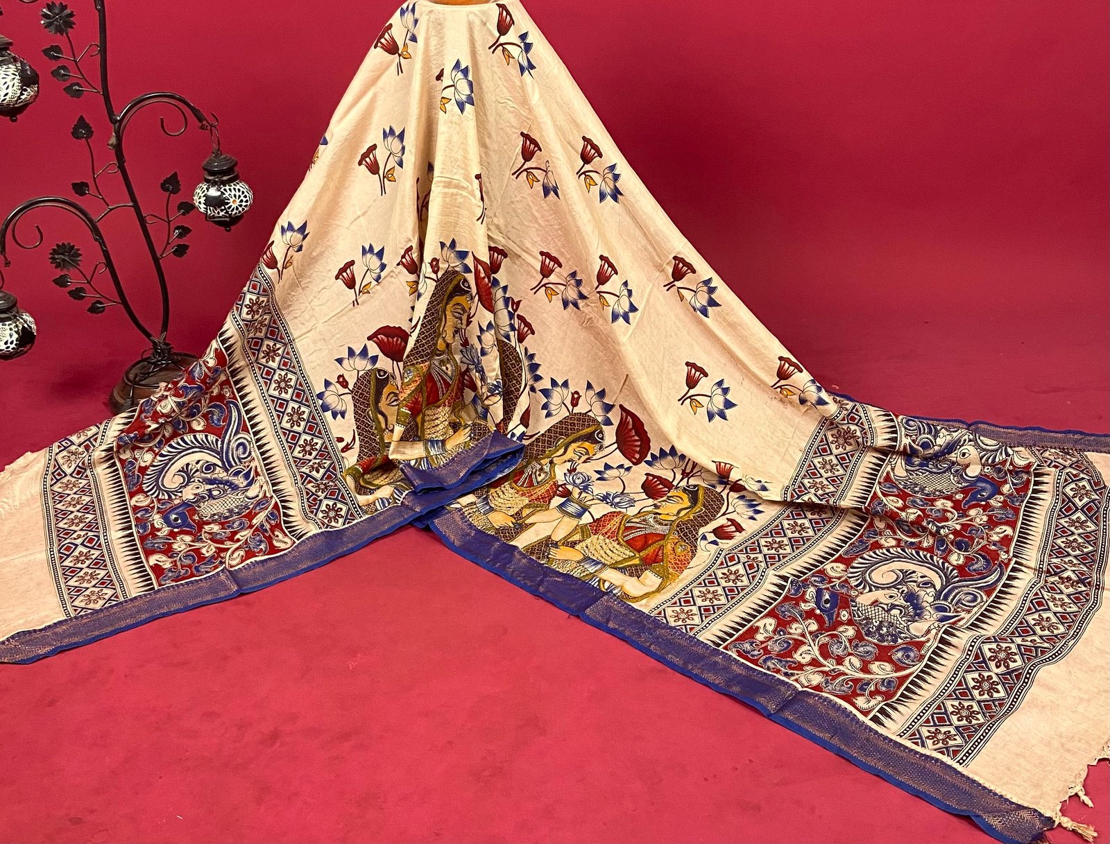 Chennuri Kalamkari Silk Duppata with Blue Nizam Border