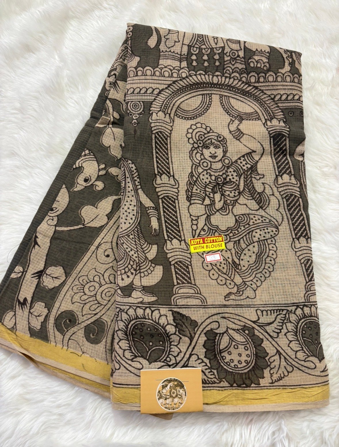 Kota Cotton Kalamkari Saree with Minimal Gold Border(Grey)