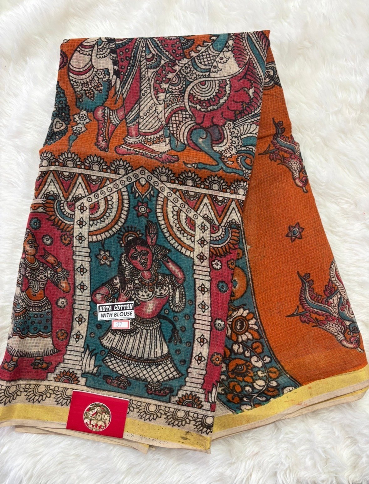 Kota Kalamkari Cotton Saree with Small Border(Orange)